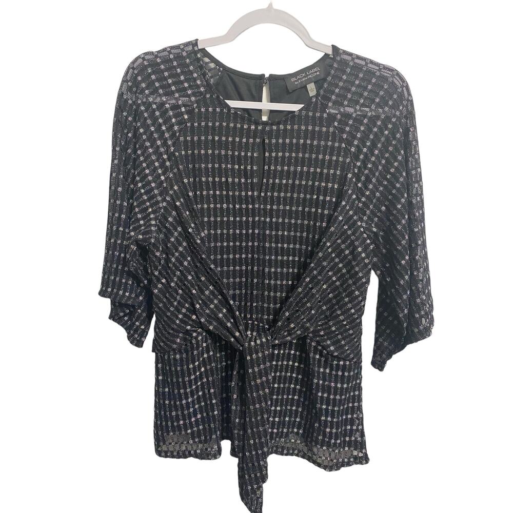 Evan Picone Black Label Women's Tunic Large Black Silver Sparkle Gather Tie